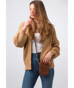 Alaina' Tan Nappa Leather Cross Body Phone Bag