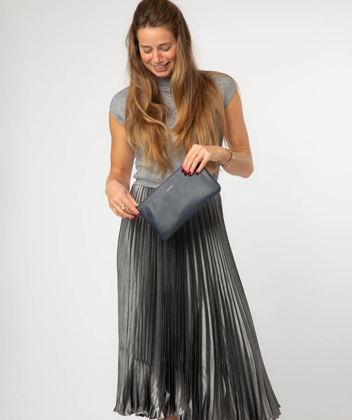 Emalia' Navy Leather Clutch Bag