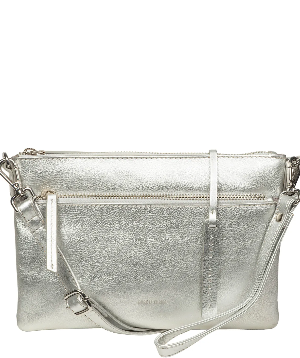 Estelle' Metallic Silver Leather Clutch and Cross Body Bag