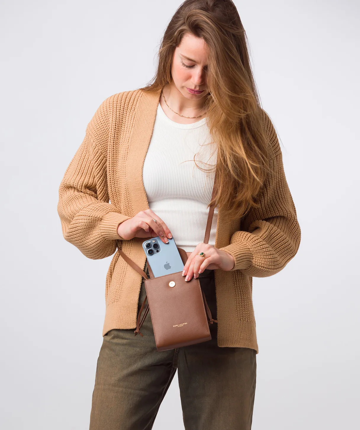 Kiana' Tan Nappa Leather Cross Body Phone Bag