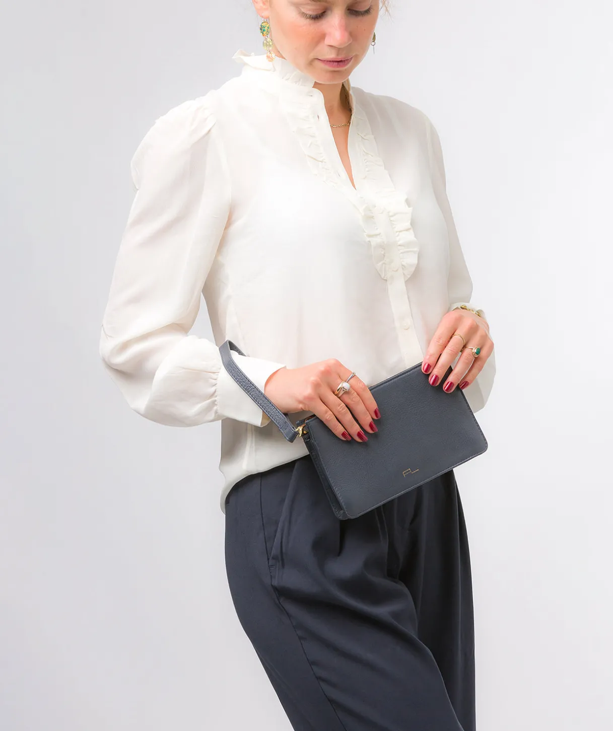 Layla' Navy Nappa Leather Grab Clutch Phone Bag