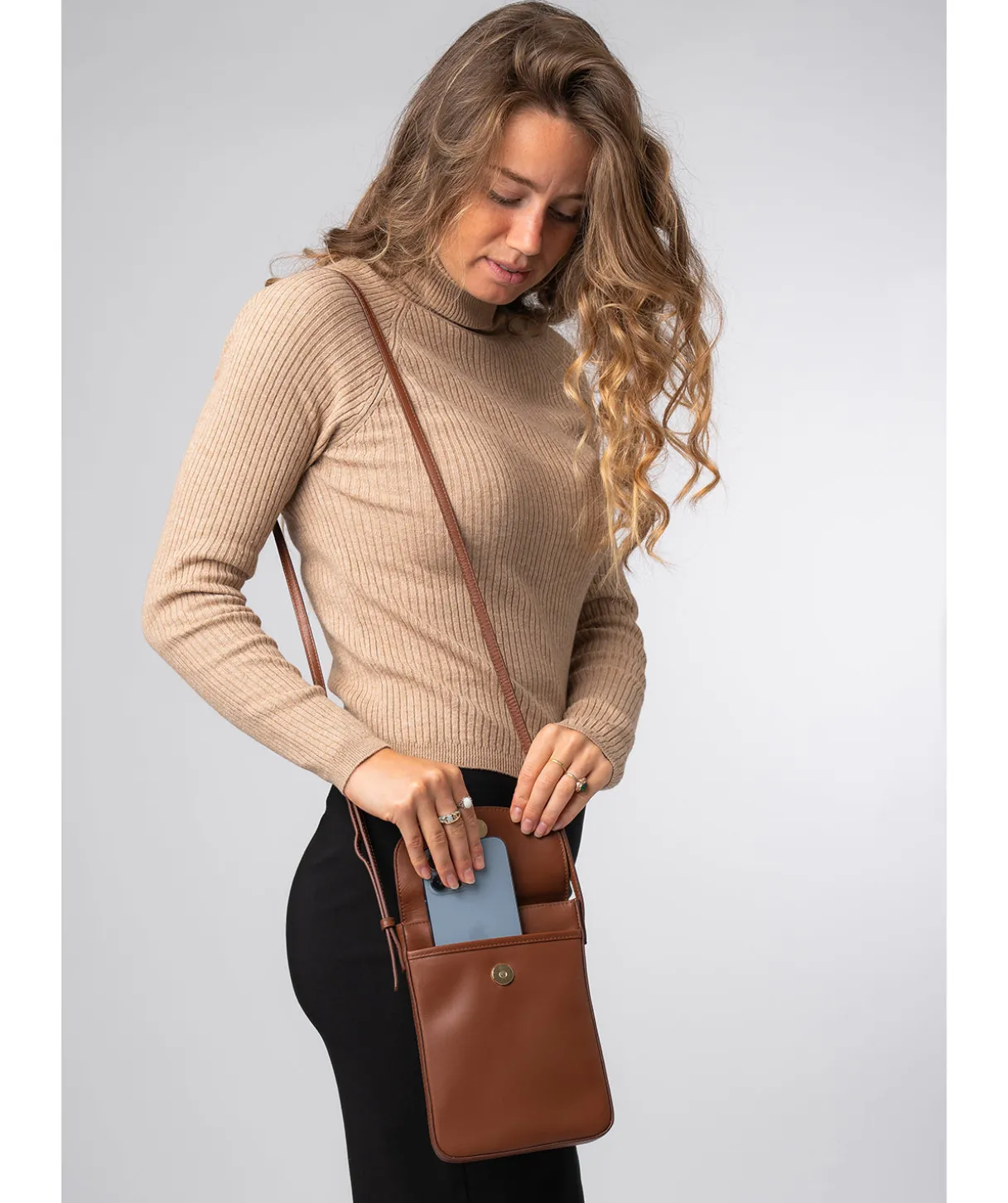 Lyra' Caramel Leather Cross Body Phone Bag