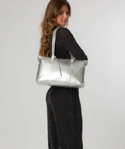 Marlowe' Metallic Silver Leather Tote Bag