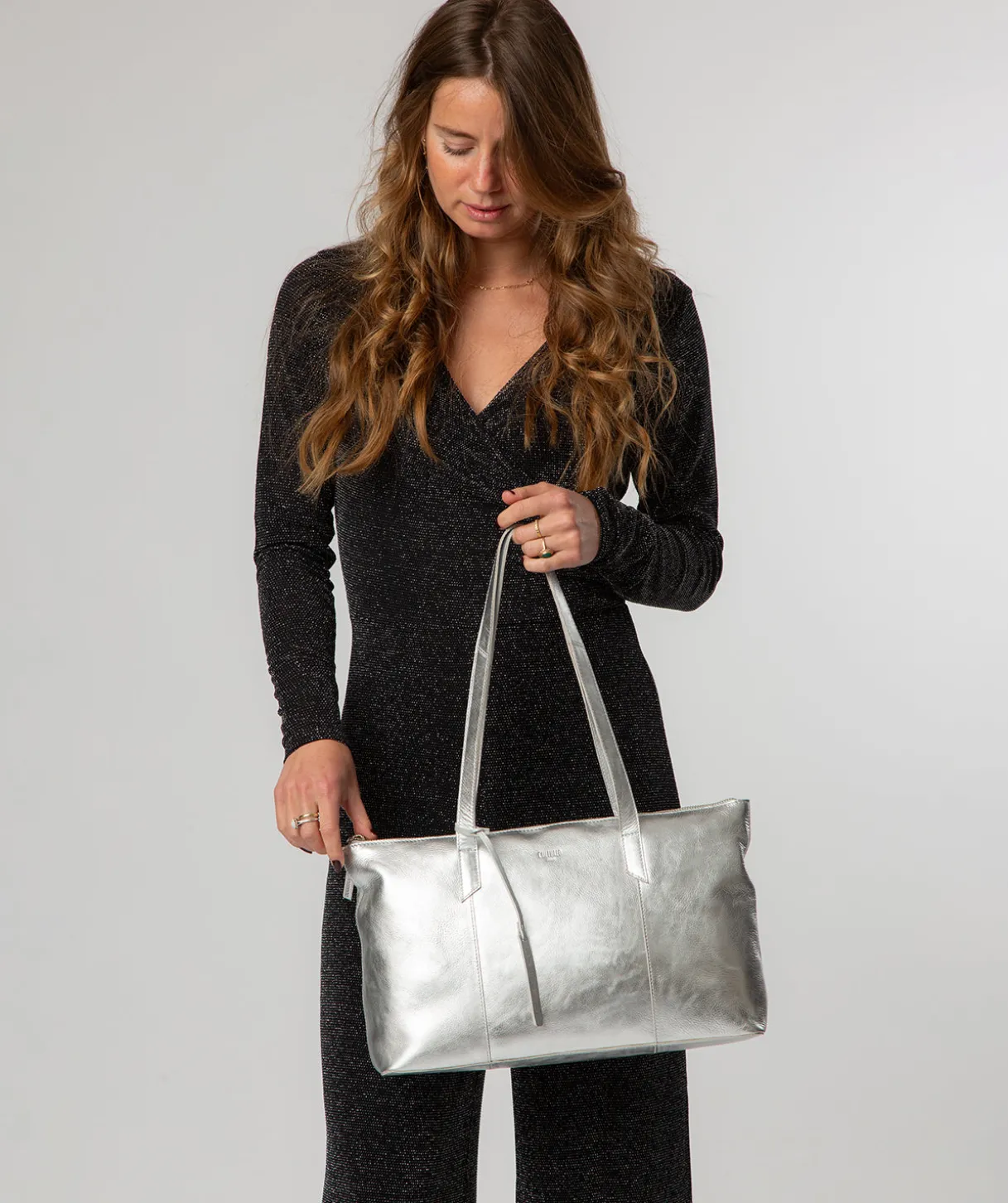 Marlowe' Metallic Silver Leather Tote Bag
