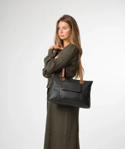 Solange' Black & Rich Tan Leather Tote Bag